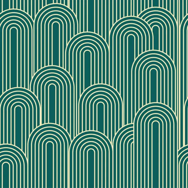 Vector illustration of Abstract art deco green geometric line arch shape seamless pattern background