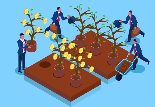 Planting and harvesting, growth investments, wealth growth or income increase, Isometric businessman planting saplings and harvesting fruits