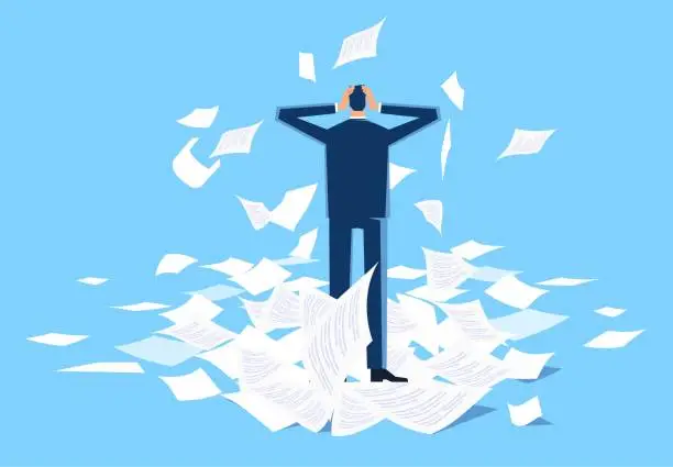 Vector illustration of Heavy work pressure, overwork, exhaustion or fatigue, deadlines, a desperate and distracted businessman standing in the middle of a pile of scattered papers