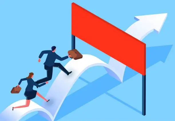 Vector illustration of Entrepreneurship, workplace competition, performance testing and management, employee career competency assessment, career development or improvement, isometric male and female businessmen running on the up and down arrow