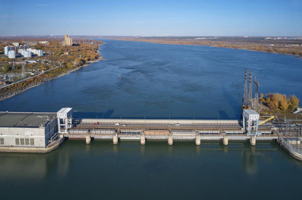 Aerial view of Novosibirsk hydroelectric power plant station on the Ob River. stock photo