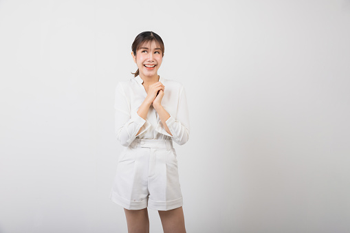 Portrait, woman, asia, white background.