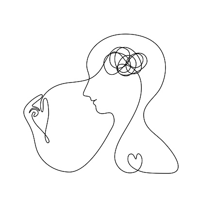 Continuous line art of a human is understanding and managing his stress or depress, mental health concept.