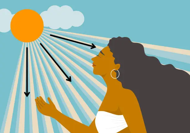Vector illustration of A tan woman with bikini smiling under the sunshine for get more vitamin D from the sun light, healthy living concept. flat vector illustration.