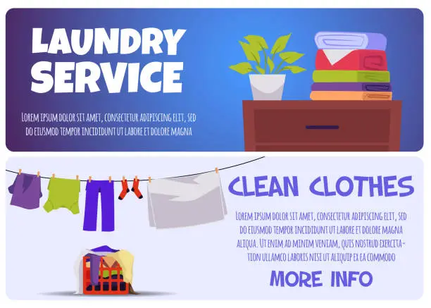 Vector illustration of Laundry and dry cleaning flyers or horizontal banners flat vector illustration.