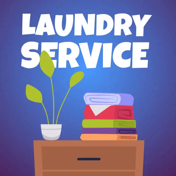 Vector illustration of Laundry and laundromat banner with clean clothing, flat vector illustration.