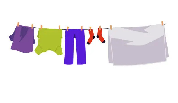 Vector illustration of Clean clothes hanging out on washing line, flat vector illustration isolated.