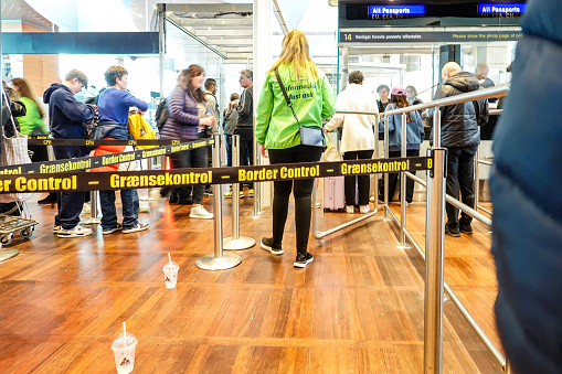 Copenhagen, Denmark March 19, 2023 A border control line at immigration at Kastrup airport.