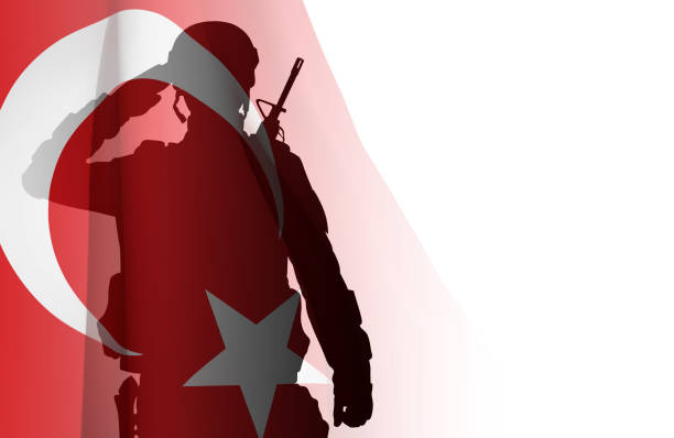 istock Silhouette of a saluting soldier with Turkey flag on white background 1477984091