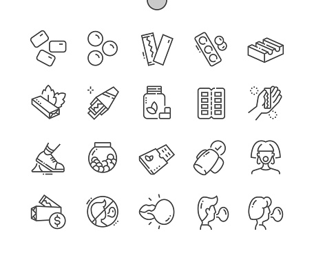 Chewing gum. Mint gum. Chewing candy in stick, pads, bubblegum pack. Pixel Perfect Vector Thin Line Icons. Simple Minimal Pictogram