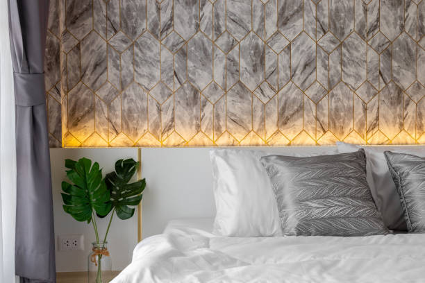 istock Dark grey bedroom with white bed. Grey modern minimalist bedroom, 1477985727
