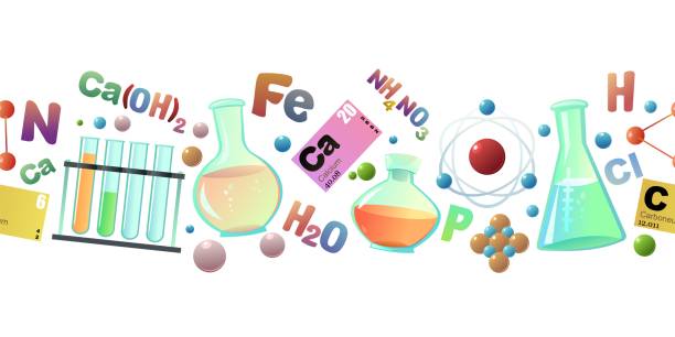 ilustrações, clipart, desenhos animados e ícones de química horizontal perfeita. estilo de desenho animado. estudo e produção de minerais. orgânico e inorgânico. partes de base molecular e atômica. isolado no fundo branco. vetor. - abstract dna backgrounds education