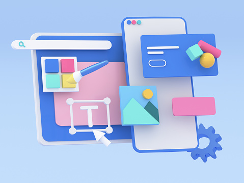 3d web development and application design process, UI-UX and web design concept. Abstract icons floating around the screen. 3d rendering illustration