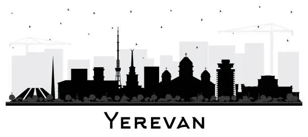 Vector illustration of Yerevan Armenia City Skyline Silhouette with Black Buildings Isolated on White. Yerevan Cityscape with Landmarks. Business Travel and Tourism Concept with Historic Architecture.