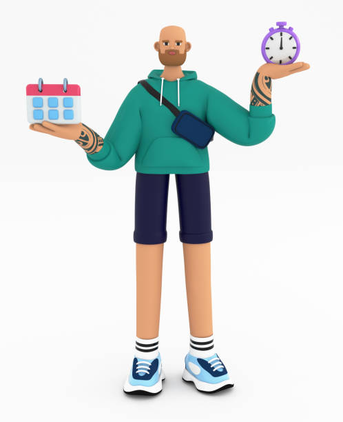 istock Young beard man holding clock and calendar. Planning schedule and self organization concept. 3d render illustration. Isolated on white background 1477990551