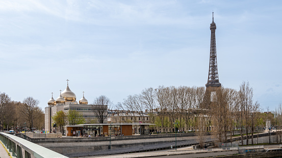 Paris, France - March 29, 2023: Distant view of the Russian Orthodox spiritual and cultural center and the Holy Trinity Orthodox Cathedral located quai Branly, near the Eiffel tower in Paris, France