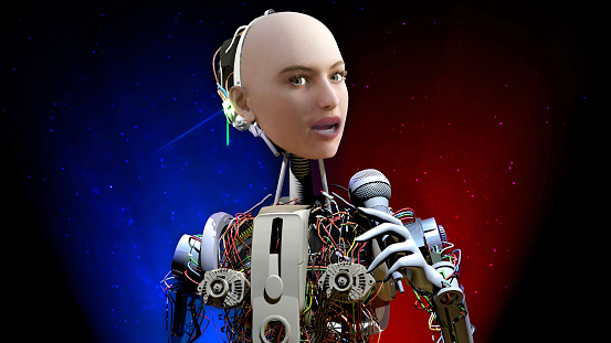 Singer robot on stage sings or presents with microphone in hand. Humanoid robots developed with artificial intelligence technology may soon replace humans. / You can see the animation movie of this image from my iStock video portfolio. Video number: 1477864529