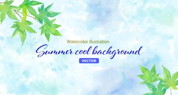 Vector illustration of Cool background material for summer. Composition of green maple leaves and water surface. Midsummer gift and summer greeting card image. (Vector. Layout changeable)