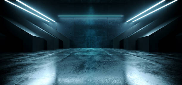 istock Alien Sci Fi Futuristic Spaceship Hangar Big Concrete Cement Asphalt Basement Hallway Studio Lights Showroom Realistic Bunker Garage 3D Rendering 1477994497