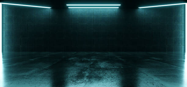 istock Alien Sci Fi Futuristic Spaceship Hangar Big Concrete Cement Asphalt Basement Stone Tile Wall Hallway Studio Lights Showroom Realistic Bunker Garage 3D Rendering 1477994516