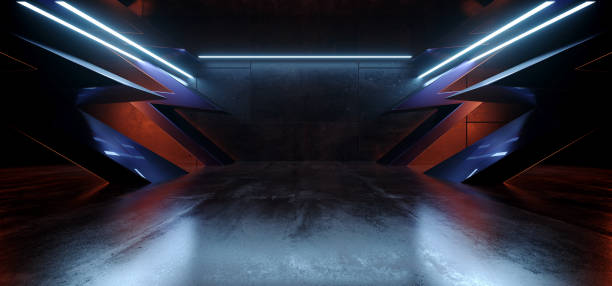 istock Alien Sci Fi Futuristic Thunder Bolt Columns Spaceship Blue Red Lights Hangar Big Concrete Cement Asphalt Basement Hallway Studio Showroom Bunker Garage 3D Rendering 1477994541