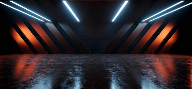 istock Alien Sci Fi Futuristic Columns Spaceship Blue Red Lights Hangar Big Concrete Cement Asphalt Basement Hallway Studio Showroom Bunker Garage 3D Rendering 1477994594