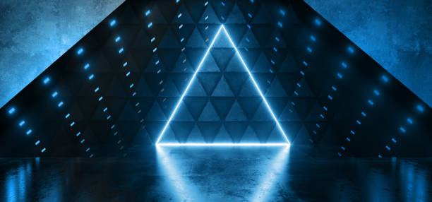 istock Futuristic Alien Sci Fi Neon Blue Glowing Triangle Light On Cement Metal Pyramid Realistic Garage Showroom Tunnel Studio Stage 3D Rendering 1477994619