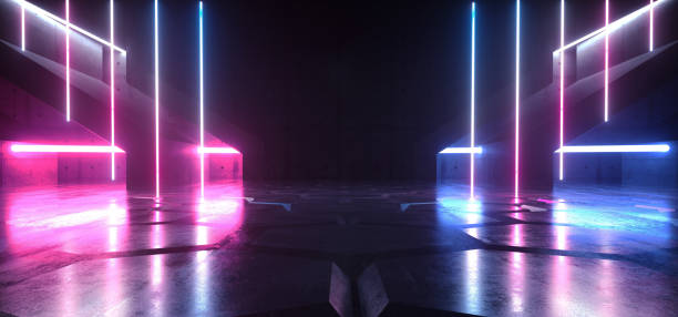 istock Neon Beam Lasers Cyber Electric Purple Blue Light Sci Fi Alien Cement Garage Hexagon Floor Futuristic On Triangle Stage Lights  Glow Cement Grunge Asphalt 3D Rendering 1477994655