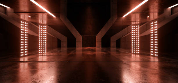 istock Studio Lights Cyber Alien Sci Fi Futuristic Spaceship Hangar Big Concrete Cement Asphalt Basement Hallway Studio Lights Showroom Realistic Bunker Garage 3D Rendering 1477994676
