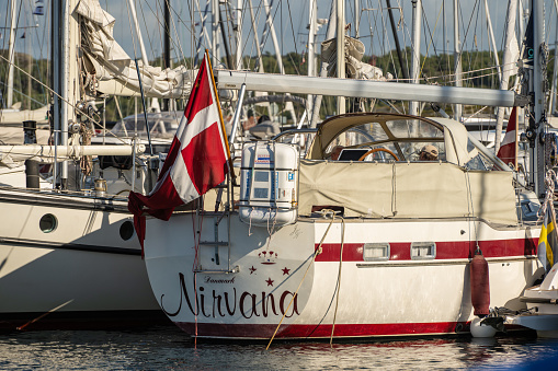 Kungälv, Sweden - July 15 2022: Danish sailboat at a marina.