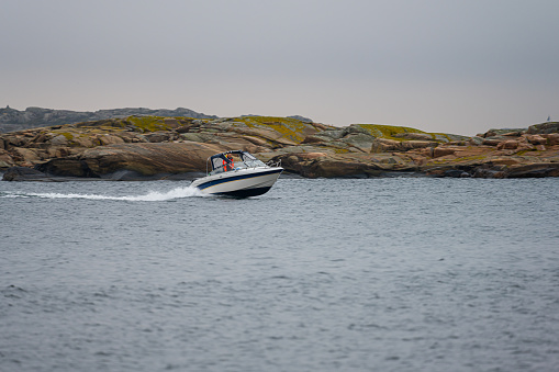 Kungsbacka, Sweden - October 23 2022: Fast boat returning to port.