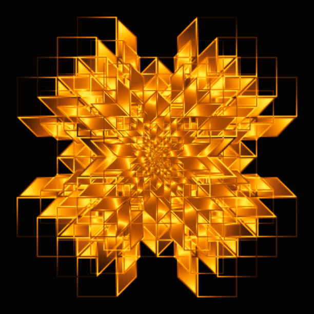 Geometric fractal object. Abstract design, stereoscopic image, colorful pattern, golden yellow, orange and brown colors. Illustration Geometric fractal object. Abstract design, stereoscopic image, colorful pattern, golden yellow, orange and brown colors. Illustration abstract backgrounds architecture sunbeam stock illustrations
