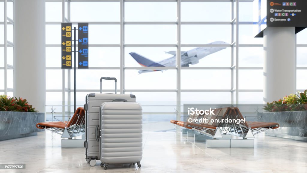 수하물, 빈 좌석 및 흐릿한 배경이있는 공항 대기실 - 로열티 프리 공항 스톡 사진 수하물, 빈 좌석 및 흐릿한 배경이있는 공항 대기실 - 로열티 프리 공항 스톡 사진
