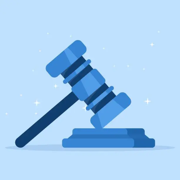 Vector illustration of Judge wooden hammer for auction, judgment, trial. Wooden ceremonial hammer of the chairman to pass sentence and bill. Vector illustration