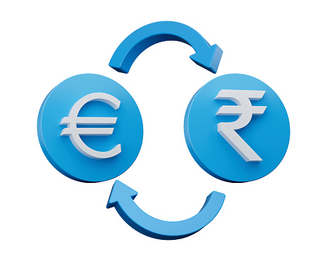 3d White Euro And Rupee Symbol On Rounded Blue Icons With Money Exchange Arrows, 3d illustration