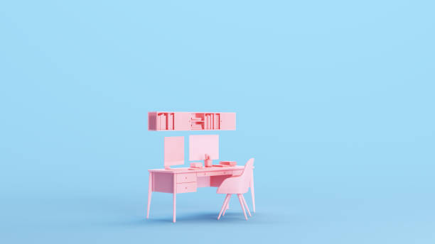 istock Pink Office Modern Desk Drawers Chair Bookshelf Studio Space Workplace Remote Working Work Kitsch Blue Background Quarter View 1477999108