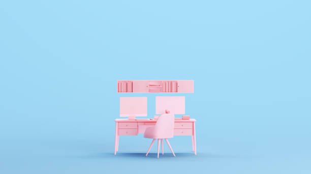 istock Pink Office Modern Desk Drawers Chair Bookshelf Studio Space Workplace Remote Working Work Kitsch Blue Background Front View 1477999110