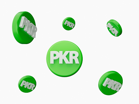 3d Six White Pakistani Rupee PKR Symbols With Rounded Green Icons Flying In The Air, 3d illustration