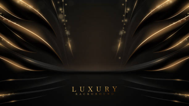 istock Black luxury background with golden line elements and light ray effect decoration and bokeh. 1477999403