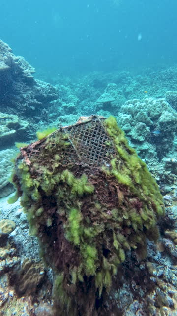Ghost net: An abandoned wooden fishing trap on the reef
