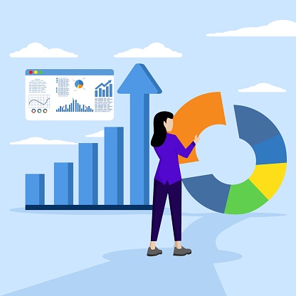 Investment asset allocation and balance concept. Female investor or financial planner standing on ladder to make pie chart to balance investment portfolio. Flat cartoon vector illustration