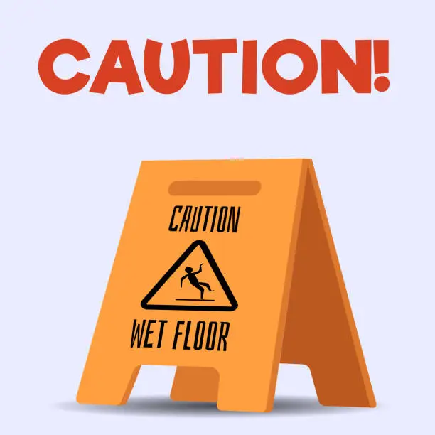 Vector illustration of Squared banner with triangular wet floor caution sign flat style