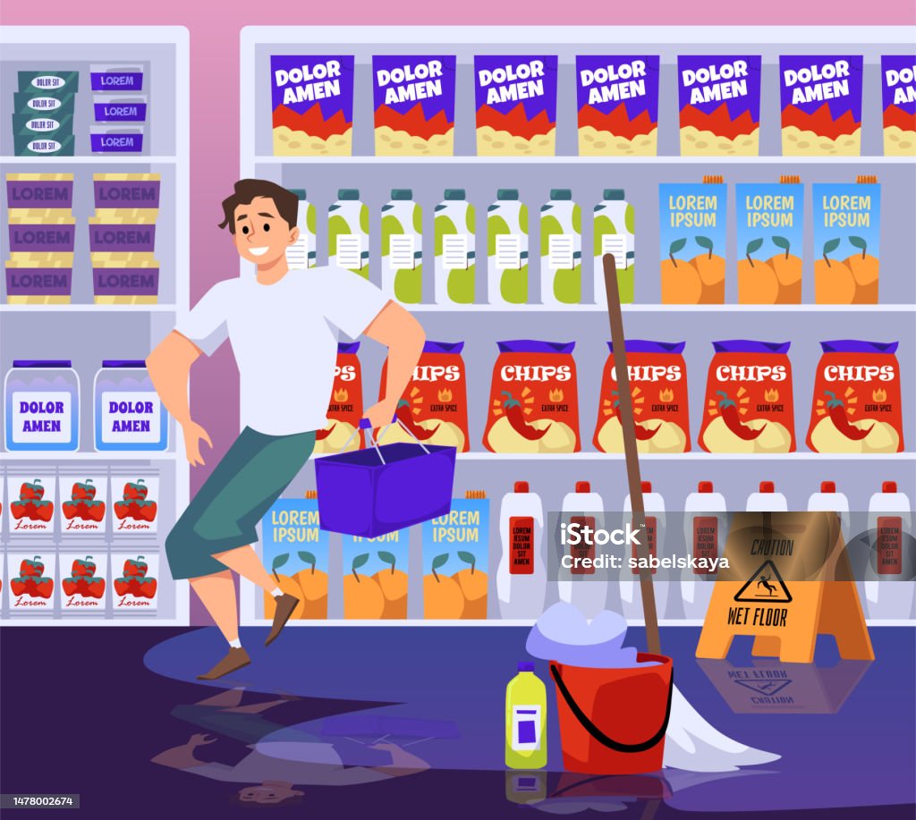 Avoid Puddle Man Walks Around A Puddle On Wet Floor To Avoid Falling Vector ...