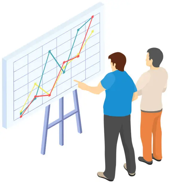 Vector illustration of Business people communicating in office discuss statistics, analyze different charts and graphs