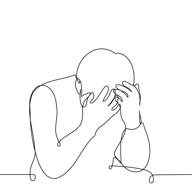 Vector illustration of man sitting with his head down and covering his face with his hands - one line drawing vector. concept of shame, defeat, grief, crisis, despair