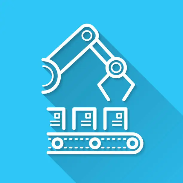 Vector illustration of Robotic arm on production line. Icon on blue background - Flat Design with Long Shadow