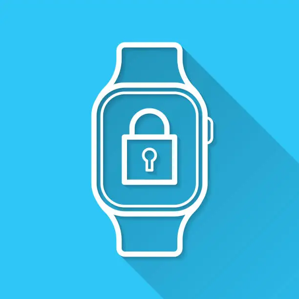 Vector illustration of Smartwatch with padlock. Icon on blue background - Flat Design with Long Shadow