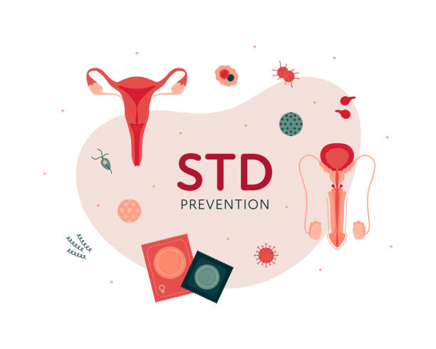 Sexual transmitted disease banner template concept. Vector flat healthcare illustration. STD prevention with various icon symbol. Penis and vagina reproduction organ. Design for awareness month Sexual transmitted disease banner template concept. Vector flat healthcare illustration. STD prevention with various icon symbol. Penis and vagina reproduction organ. Design for awareness month genital herpes stock illustrations