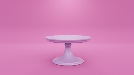 3D cake stand on pink background. Empty platter tray on table. Birthday party dish. Plate tray podium render.