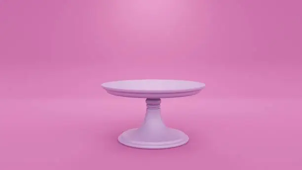 3D cake stand on pink background. Empty platter tray on table. Birthday party dish. Plate tray podium render.